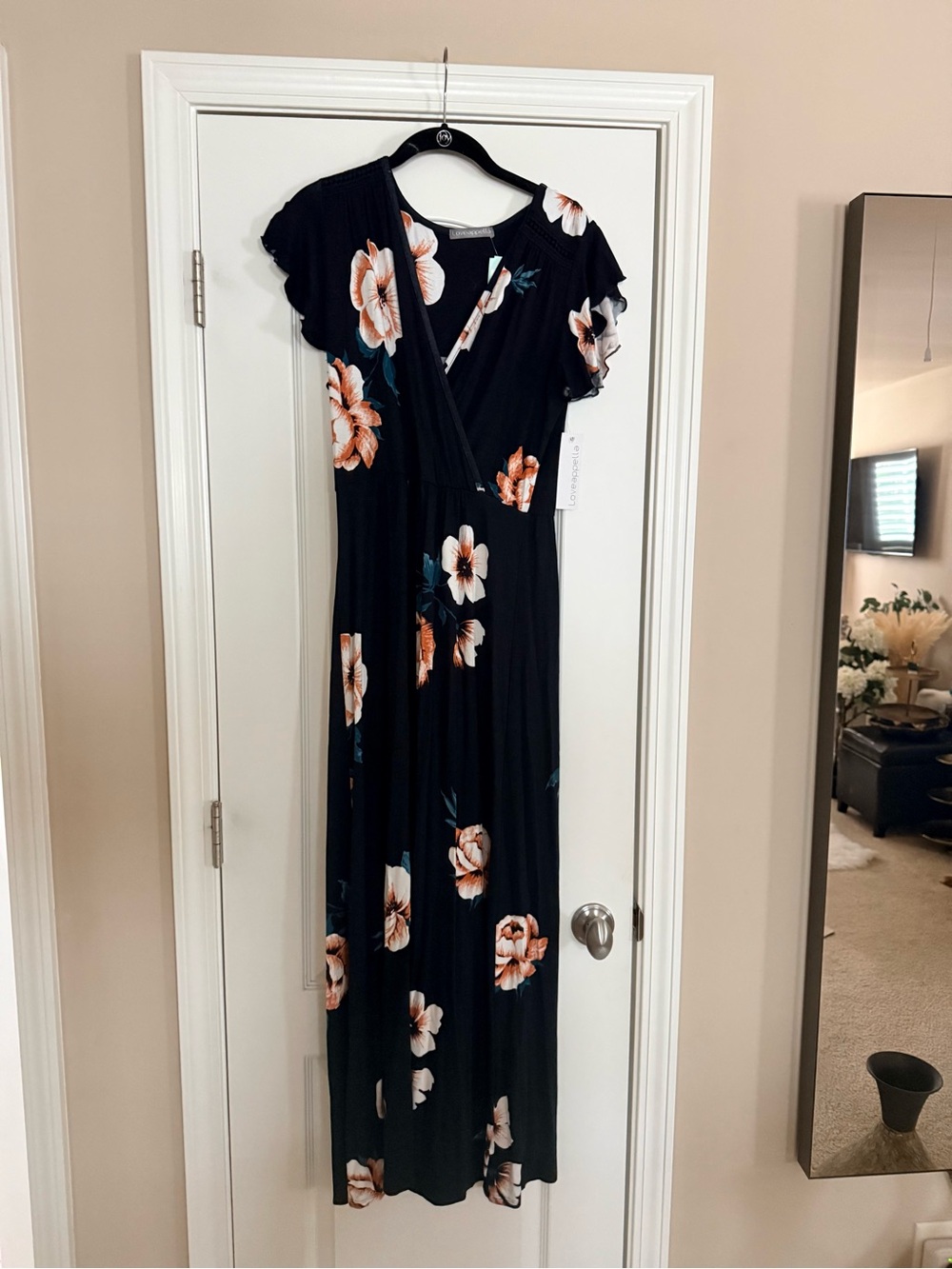 Black Floral Wrap Maxi Dress - Peach & White Flowers
